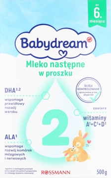 Babydream Mleko następne 2 w proszku, błękitno-białe opakowanie z dużą cyfrą 2 i królikami, widok z przodu.