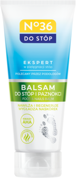 Biała tubka balsamu N&deg;36 do st&oacute;p i paznokci z kwasami AHA, nawilżającego i wygładzającego, widok z przodu.