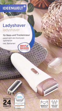 Biała golarka damska Ideenwelt z miedzianym akcentem, do golenia na mokro i sucho, z dodatkową nakładką, widok z przodu.