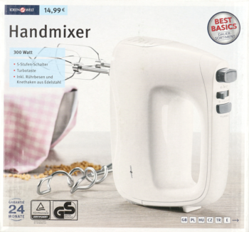 Biały mikser ręczny Easy Home 300W w opakowaniu, z dwoma trzepaczkami i hakami. Widok z przodu pudełka.