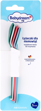 Babydream zestaw 5 kolorowych łyżeczek dla niemowląt, łatwe do trzymania, na białym opakowaniu Rossmann.
