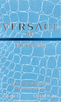 Opakowanie wody toaletowej Versace Man Eau Fraiche 30 ml, jasnoniebieskie z fakturą skóry krokodyla.