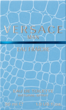 Niebieskie opakowanie Versace Man Eau Fraiche, męska woda toaletowa, świeży zapach, wzór krokodyla, przód.