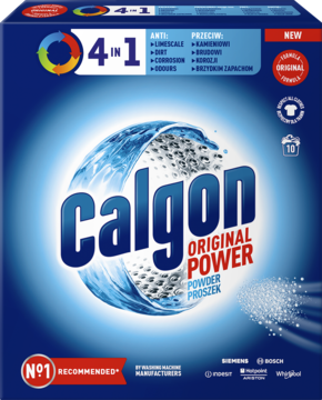 Niebieskie opakowanie Calgon Original Power proszek 4w1, z grafiką wody, chroni pralkę przed kamieniem i brudem, widok z przodu.