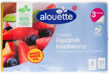 Alouette Classic ręcznik kuchenny, opakowanie XXL 8 rolek 3-warstwowych, z owocami i info o 60% recyklingu.