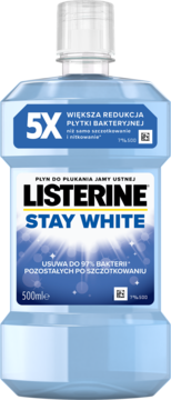 Listerine Stay White 500ml, jasnoniebieski płyn do ust, redukuje płytkę, chroni biel zębów. Front butelki.