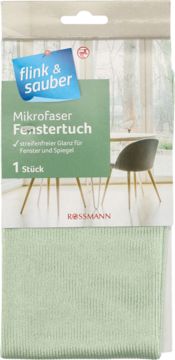 Zielona prążkowana ścierka Rossmann Flink & Sauber z mikrofibry do okien, widok z przodu, opakowanie z tekstem.