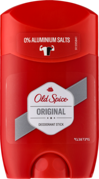 Czerwony Old Spice Original dezodorant w sztyfcie, wyraźnie widoczne 0% aluminium salts, widok przód.