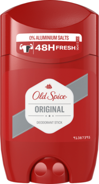 Czerwony dezodorant w sztyfcie Old Spice Original, 0% soli aluminium, 48H FRESH, widok z przodu.