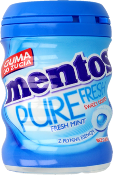 Niebieski słoiczek gum Mentos Pure Fresh Fresh Mint z płynną esencją i bez cukru, widok z przodu.