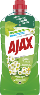 Zielony płyn uniwersalny Ajax Floral Fiesta, butelka z białymi kwiatami, 100% z recyklingu, widok z przodu.