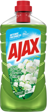 Ajax Floral Fiesta Konwalie, zielony płyn uniwersalny, butelka z czerwoną nakrętką i etykietą z kwiatami.
