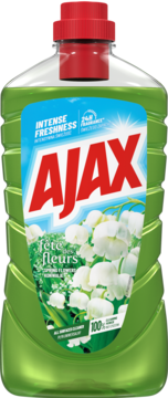 Zielony płyn Ajax Floral Fiesta Spring Flowers Konwalie, butelka z czerwonym korkiem, widok z przodu.