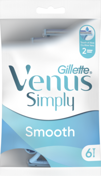Biało-niebieskie opakowanie Gillette Venus Simply Smooth z 6 maszynkami jednorazowymi, 2 ostrzami i aloesem.