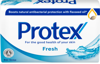 Protex Fresh bar soap, white packaging with blue waves, front view, highlights natural antibacterial protection with flaxseed oil.