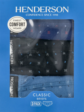 Henderson 3-pak klasycznych majtek męskich XXL w niebieskim pudełku, widoczne granatowe i jasnoniebieskie wzory.