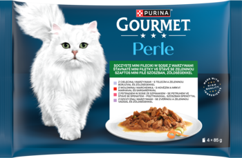 GOURMET Perle mokra karma: mini fileciki z cielęciną, wołowiną, pstrągiem. Niebieska torebka z białym kotem.