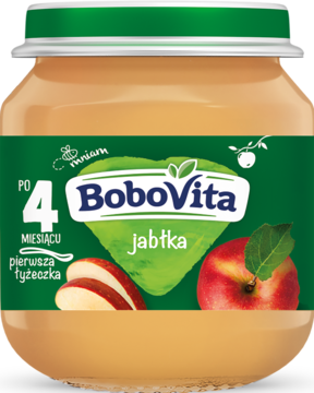 Szklany słoiczek BoboVita, przecier jabłkowy dla dzieci od 4 mies., zielona etykieta z jabłkami.