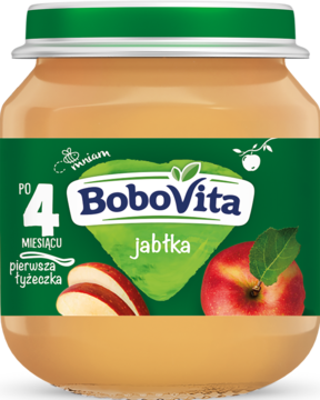 Szklany słoiczek BoboVita, przecier jabłkowy dla dzieci od 4 mies., zielona etykieta z jabłkami.