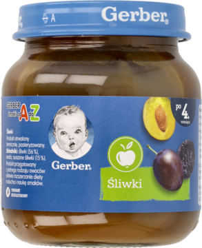 Słoiczek Gerber Śliwki, żywność dla niemowląt 4m+, z niebieską nakrętką i etykietą z dzieckiem.