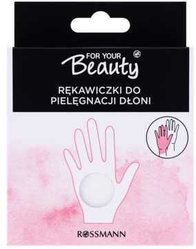 Rękawiczki do pielęgnacji dłoni For Your Beauty Rossmann w białym pudełku z różową grafiką dłoni. Widok z przodu.