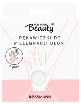 Białe opakowanie Rossmann For Your Beauty, rękawiczki do pielęgnacji dłoni. Widok z przodu, różowe elementy i kontur dłoni.