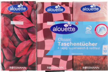 Chusteczki Alouette Classic 4-warstwowe (6x10 szt.), widoczne trzy opakowania: niebieskie, czerwone liście i różowa kratka.