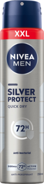 Srebrny antyperspirant NIVEA MEN Silver Protect XXL Quick Dry, 72h ochrony, widok z przodu, z niebieską nakrętką.