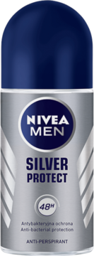 Srebrny antyperspirant NIVEA MEN Silver Protect w kulce, z niebieską nakrętką, widok z przodu, 48h.