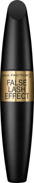 Czarny tusz do rzęs Max Factor False Lash Effect, walcowata butelka ze złotym paskiem, widok z przodu.