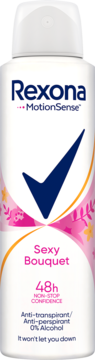 Rexona Motionsense Sexy Bouquet 48h antyperspirant w sprayu, biała butelka z różowym wzorem kwiatowym, widok z przodu.