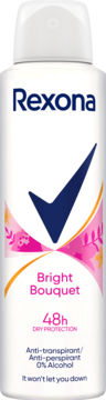 Biały antyperspirant Rexona Bright Bouquet 48h, 0% alcohol, z niebieskim logo i kwiatowym wzorem, widok z przodu.