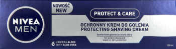 Niebieskie opakowanie NIVEA MEN PROTECT & CARE Ochronny Krem do Golenia z aloesem, widok z przodu.