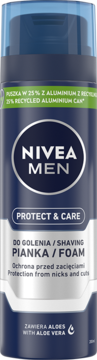 Niebieska puszka NIVEA MEN Protect & Care pianka do golenia z aloesem, widok z przodu, z recyklingu.