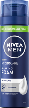 Niebieska pianka do golenia NIVEA MEN Hydrocare, 200ml, widok z przodu, 99% biodegradowalna, 3x Care Effect.