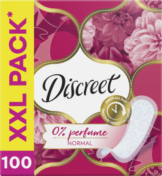 Discreet Normal 0% perfume, wkładki higieniczne w opakowaniu XXL, 100 sztuk. Różowo-kwiatowy wzór, widok z przodu.