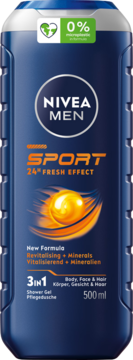 Nivea Men Sport 24H Fresh Effect żel pod prysznic 3w1, ciemnoniebieska butelka, widok z przodu.