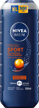 NIVEA MEN Fresh Sport żel pod prysznic 5w1, ciemnoniebieska butelka XL 500ml, z pomarańczową kulą i elektrolitami, widok z przodu.