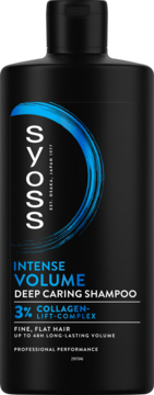 Czarna butelka Syoss Intense Volume Shampoo z 3% Collagen-Lift na płaskie włosy, widok z przodu.