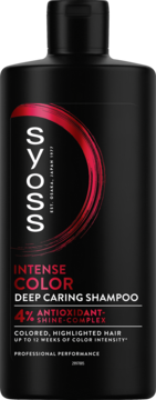 Czarny szampon Syoss Intense Color do włosów farbowanych, widok z przodu. Zawiera 4% kompleks nabłyszczający.