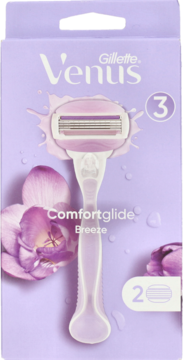 Fioletowe opakowanie Gillette Venus Comfortglide Breeze z 3-ostrzową maszynką i 2 wkładami, widok z przodu.