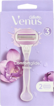 Fioletowe opakowanie Gillette Venus Comfortglide Breeze z 3-ostrzową maszynką i 2 wkładami, widok z przodu.