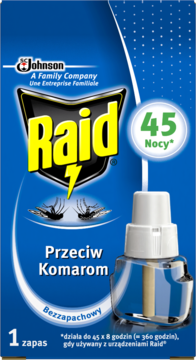 Raid Bezzapachowy elektrofumigator przeciw komarom, niebieskie opakowanie z widoczną butelką zapasu na 45 nocy.