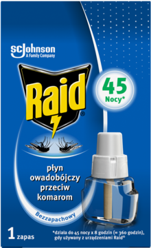 Niebieskie opakowanie Raid płyn owadobójczy na komary, bezzapachowy, 45 nocy, widok z przodu z wkładem.