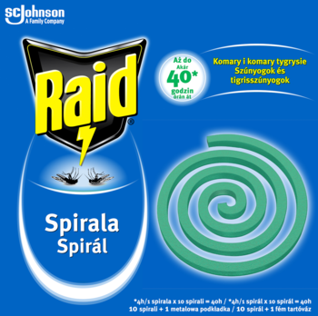 Niebieskie opakowanie Raid Spirala na komary i tygrysie komary, zielona spirala na 40 godzin ochrony.