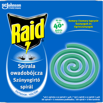 Niebieskie opakowanie Raid spirali przeciw komarom outdoor, widoczne zielone spirale, logo i tekst o 40h ochronie.