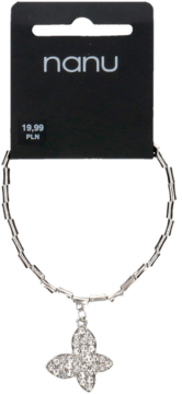 Srebrna bransoleta z ogniw, z błyszczącą zawieszką motyla wysadzaną kamieniami, na czarnej metce Nanu.