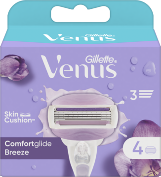 Fioletowo-niebieskie opakowanie Gillette Venus Comfortglide Breeze: 4 wkłady do maszynki z 3 ostrzami dla kobiet.