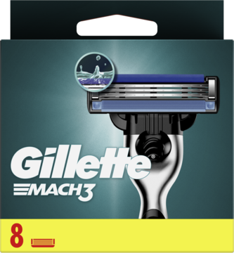 Gillette Mach3 zestaw: maszynka z 3 ostrzami i 8 wkładów, niebieskie tło, widok z przodu.