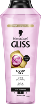 Różowa butelka Schwarzkopf GLISS Liquid Silk Shine Shampoo, widok z przodu. Do włosów matowych i łamliwych.